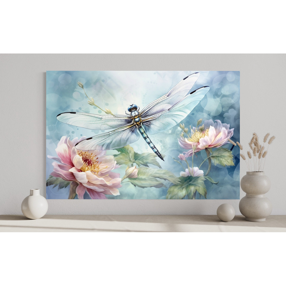 Dragonfly On Flower Watercolor Painting Canvas Print, Blue Pink Farmhouse, Lakehouse Wall Art, Nature Artwork, Ready To Hang.jpg