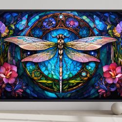 dragonfly wall art - stained glass style dragonfly painting, art nouveau print on canvas farmhouse wall decor, ready to