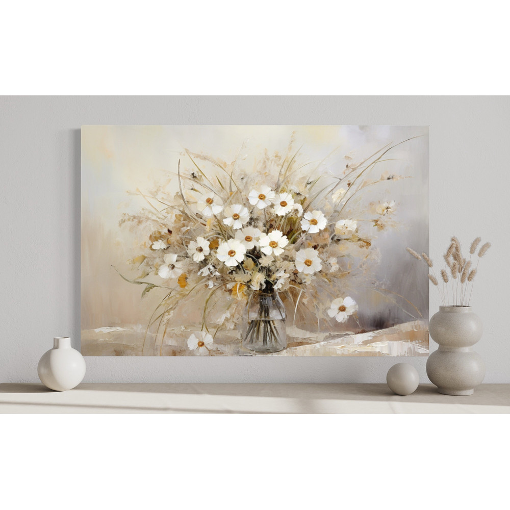 Farmhouse Vintage White Wildflowers Bouquet Wall Art, Botanical Neutral Painting Canvas Print, Framed Unframed Ready To Hang.jpg