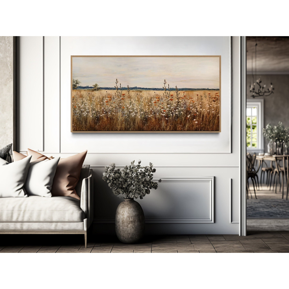 Framed Wildflowers Field Canvas Painting Print, Vintage Farmhouse Wall Art, Boho Botanical Rustic Home Decor, Ready To Hang.jpg