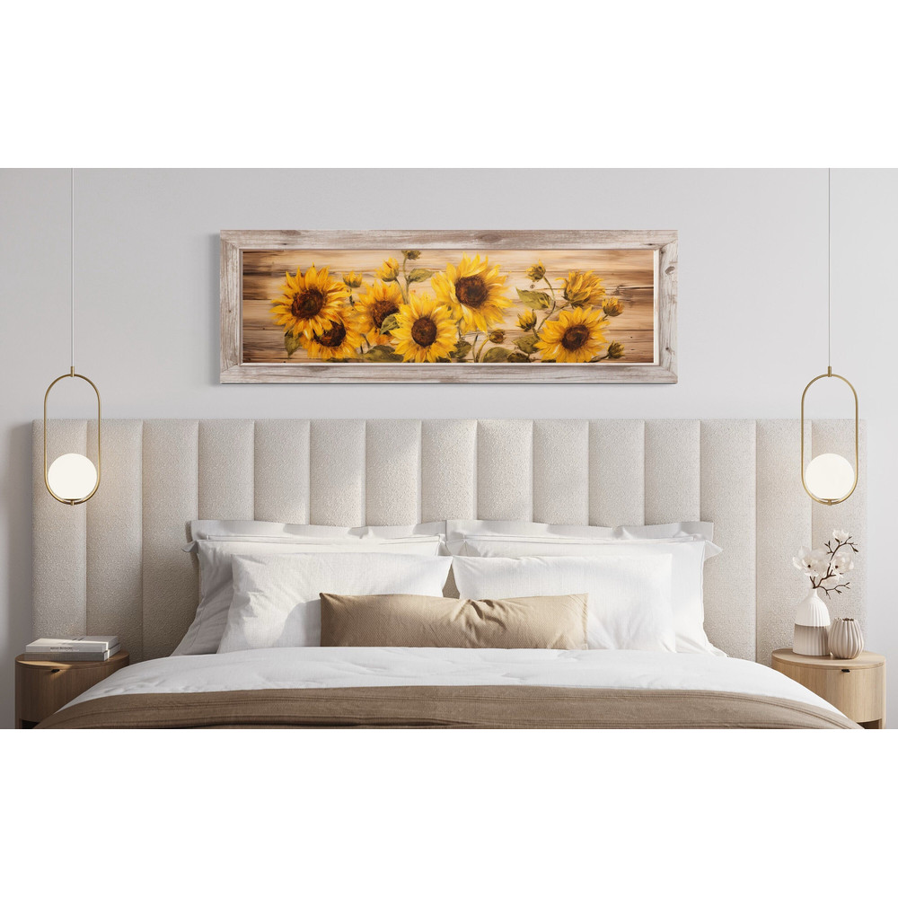Farmhouse Wall Art - Rustic Sunflowers Painting on Wood Effect Canvas Print - Rustic Over Bed Wall Decor Framed Ready To Hang.jpg