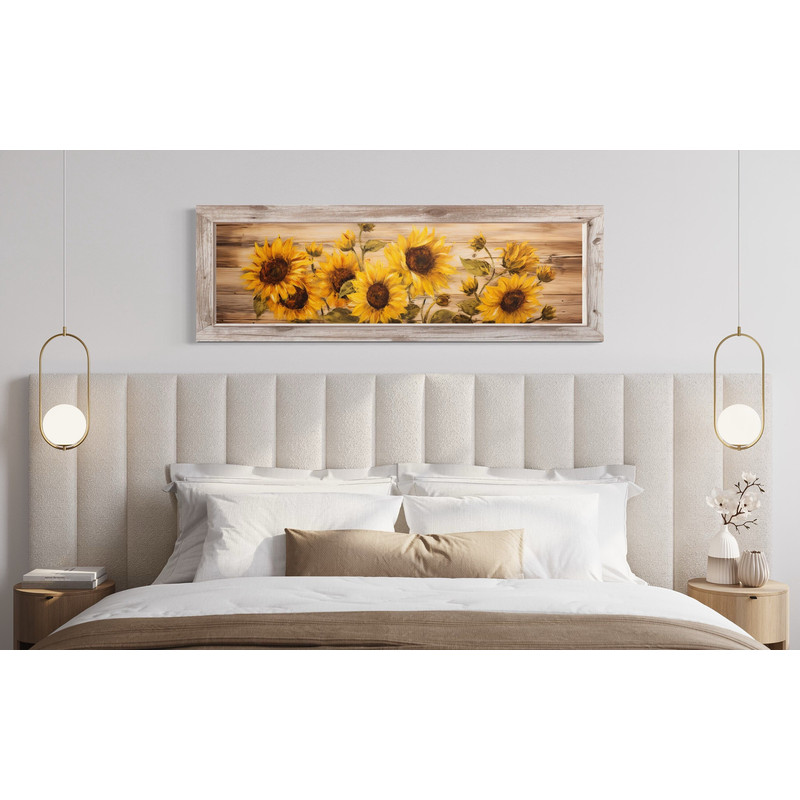 Farmhouse Wall Art - Rustic Sunflowers Painting on Wood Effect Canvas Print - Rustic Over Bed Wall Decor Framed Ready To Hang.jpg