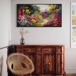 flower garden boho botanical colorful wall art, vibrant flowers painting canvas print, living room decor framed ready to