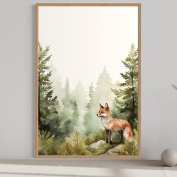 fox in the forest landscape watercolor painting, nursery print, minimalist boho wall art, nature canvas, farmhouse wall