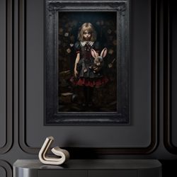 gothic alice in wonderland painting canvas print, dark academia wall art spooky halloween decor framed unframed ready to