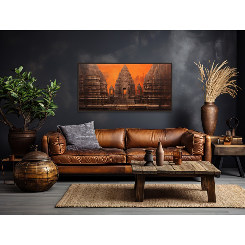 Indian Wall Art, Indian Temple Painting Canvas Print, Orange Brown Colroful Art, Architecture Wall Decor Framed Ready To Hang.jpg