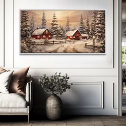 farm winter wall art, farmhouse sign, vintage red farm barn snowy winter painting canvas print, over mantel decor ready
