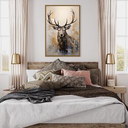 elk portrait painting canvas print, neutral beige gray deer wall art, farmhouse, cabin wall decor, framed unframed ready