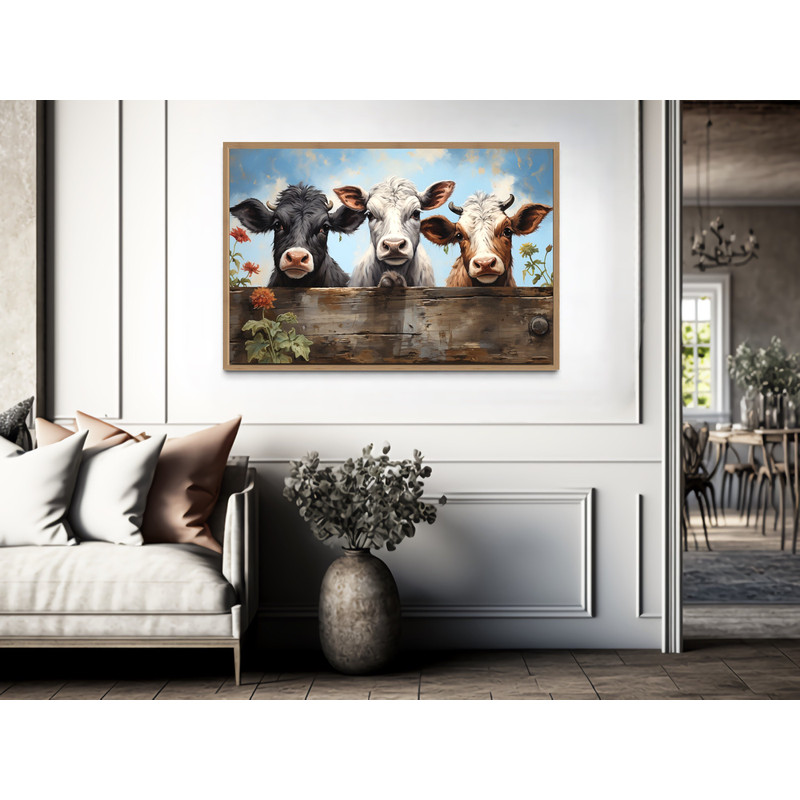 Farmhouse Wall Art Three Cute Cows Looking Through Wooden Fence Painting Canvas Print, Cows in The Farm Wall Decor Ready To Hang.jpg