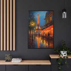 eiffel tower and paris street cafe oil painting poster or canvas print -  office, living room decor framed unframed read