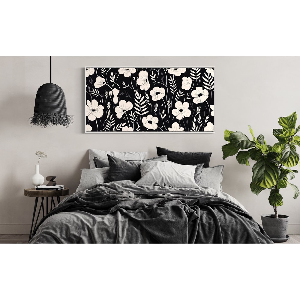 Framed Wall Art, Black And White Flowers Painting Canvas Print, Farmhouse Wall Decor, Boho Floral Botanical Artwork Ready To Hang.jpg