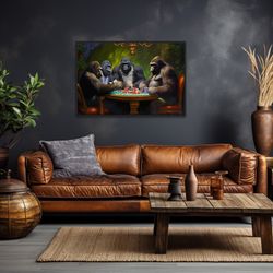 gorillas playing poker - game room wall art - poker room decor - man cave wall art - billiards room, bar wall decor read