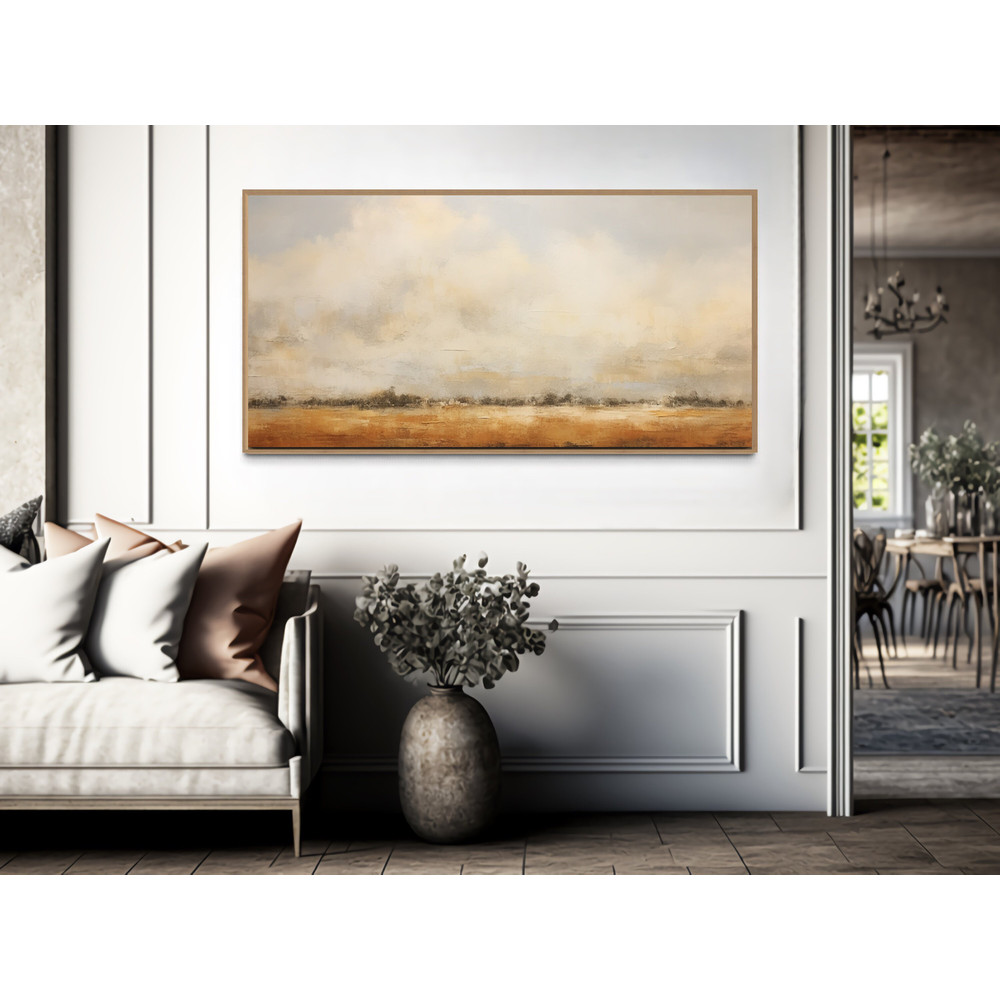 Framed Minimalist Farm Field Canvas Painting Print, Vintage Neutral Farmhouse Wall Art, Pastoral Rustic Home Decor, Ready To Hang.jpg