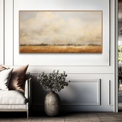 framed minimalist farm field canvas painting print, vintage neutral farmhouse wall art, pastoral rustic home decor, rea