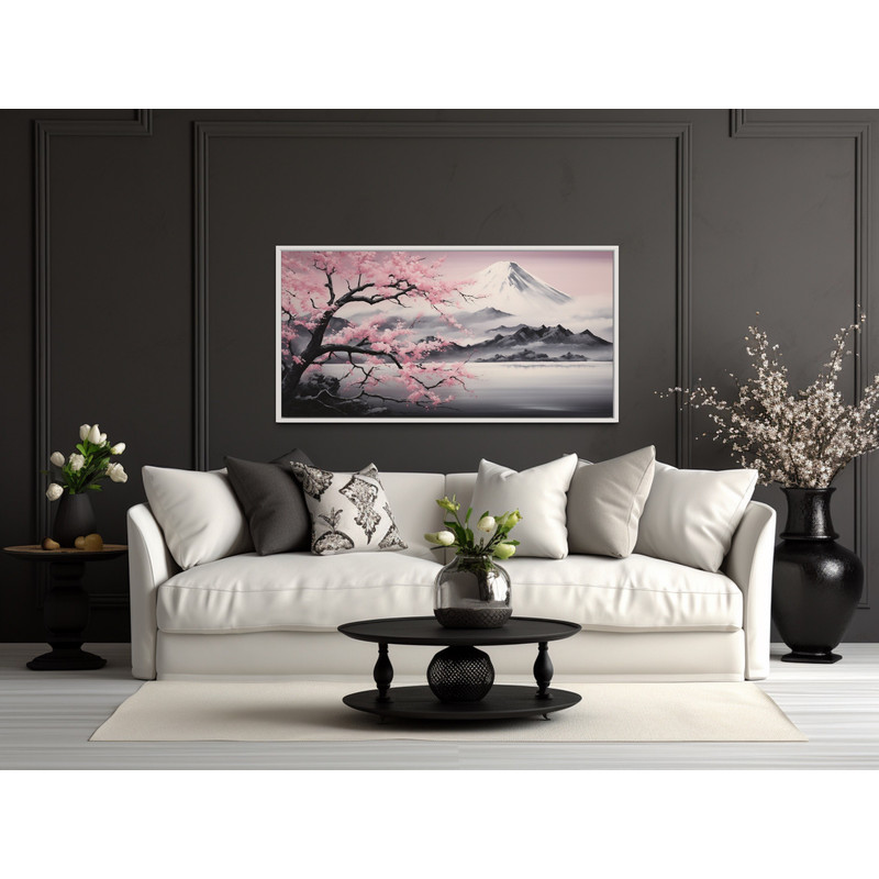 Japanese Wall Art, Mount Fuji And Cherry Blossom Landscape Painting Canvas Print, Sakura Pink Grey Wall Decor Framed Ready To Hang.jpg