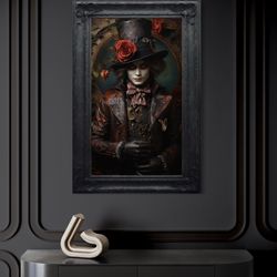 gothic mad hatter in wonderland painting canvas print, dark academia wall art spooky halloween decor framed unframed rea