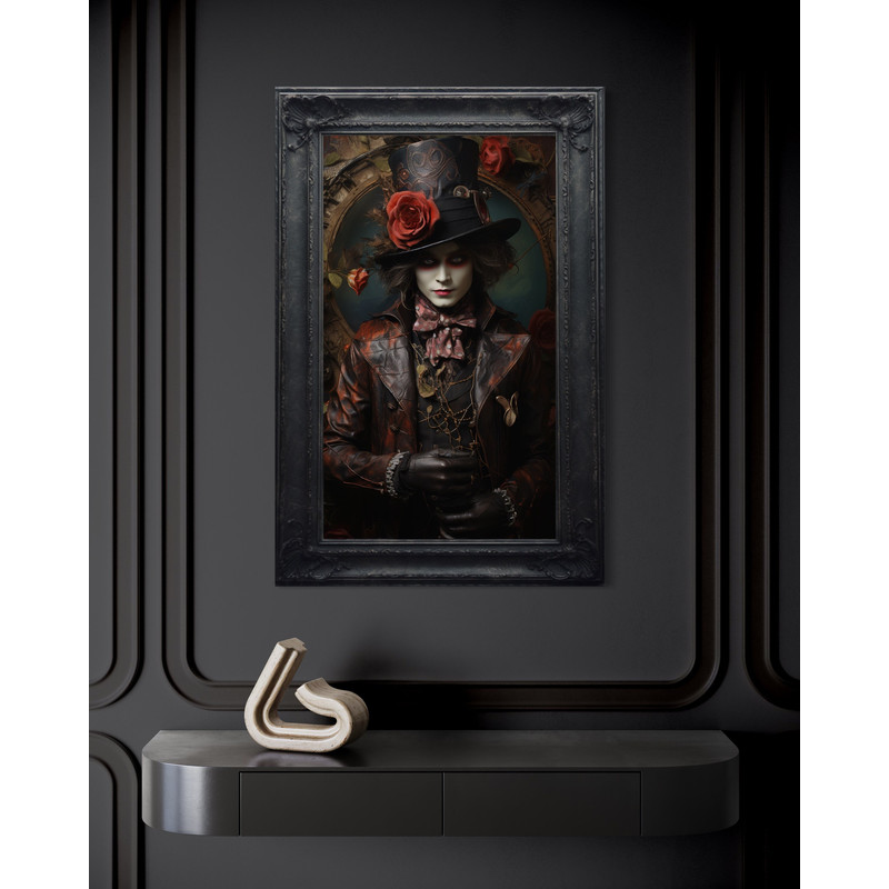 Gothic Mad Hatter In Wonderland Painting Canvas Print, Dark Academia Wall Art Spooky Halloween Decor Framed Unframed Ready To Hang.jpg