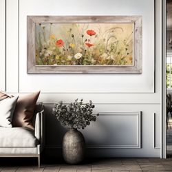 framed wildflowers field canvas painting print, farmhouse wall art, floral boho botanical wall decor, floral wall art