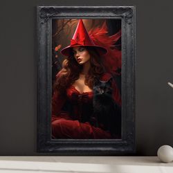 halloween wall art - red witch in enchanted forest with black cat painting poster canvas print, gothic dark academia art