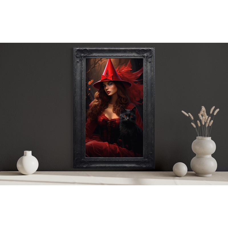 Halloween Wall Art - Red Witch In Enchanted Forest With Black Cat Painting Poster Canvas Print, Gothic Dark Academia Art Ready To Hang.jpg