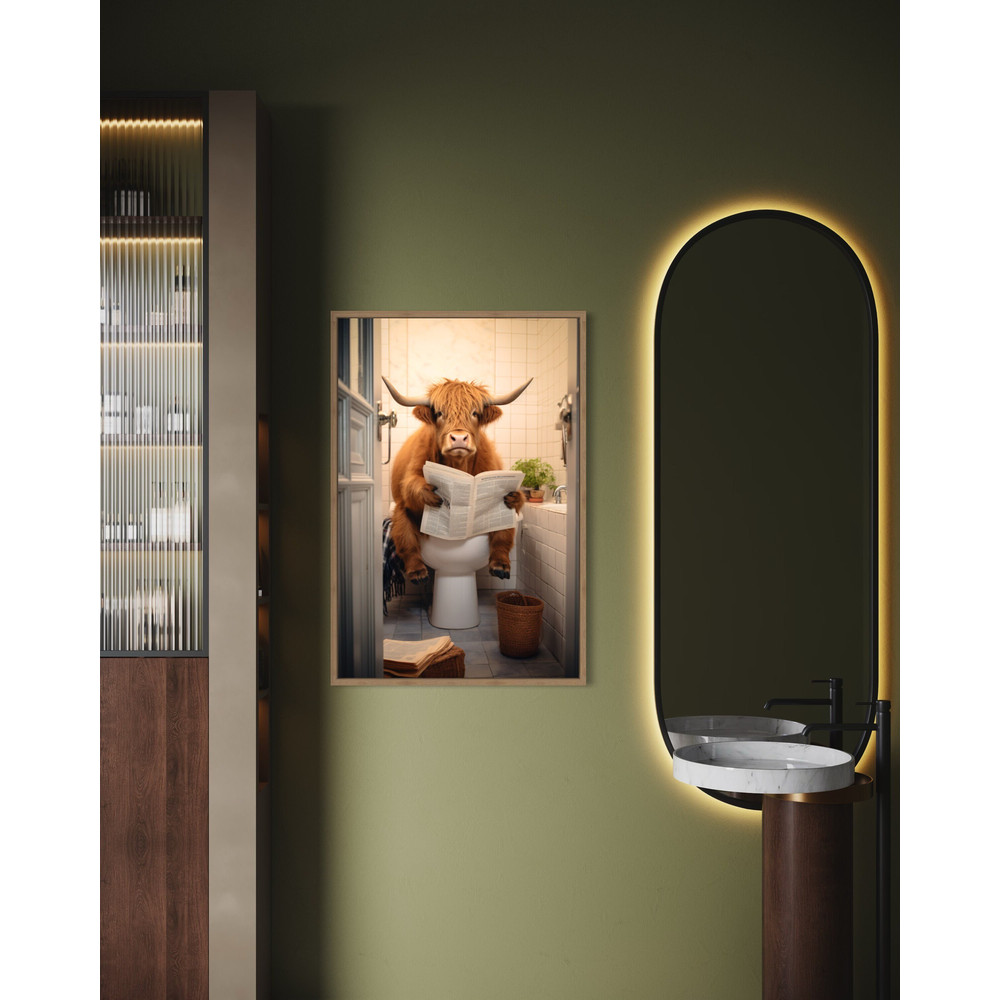 Highland Cow On The Toilet Reading Newspaper Painting Canvas Print, Farmhouse Bathroom Wall Art, Funny Rustic Wall Decor Ready To Hang.jpg