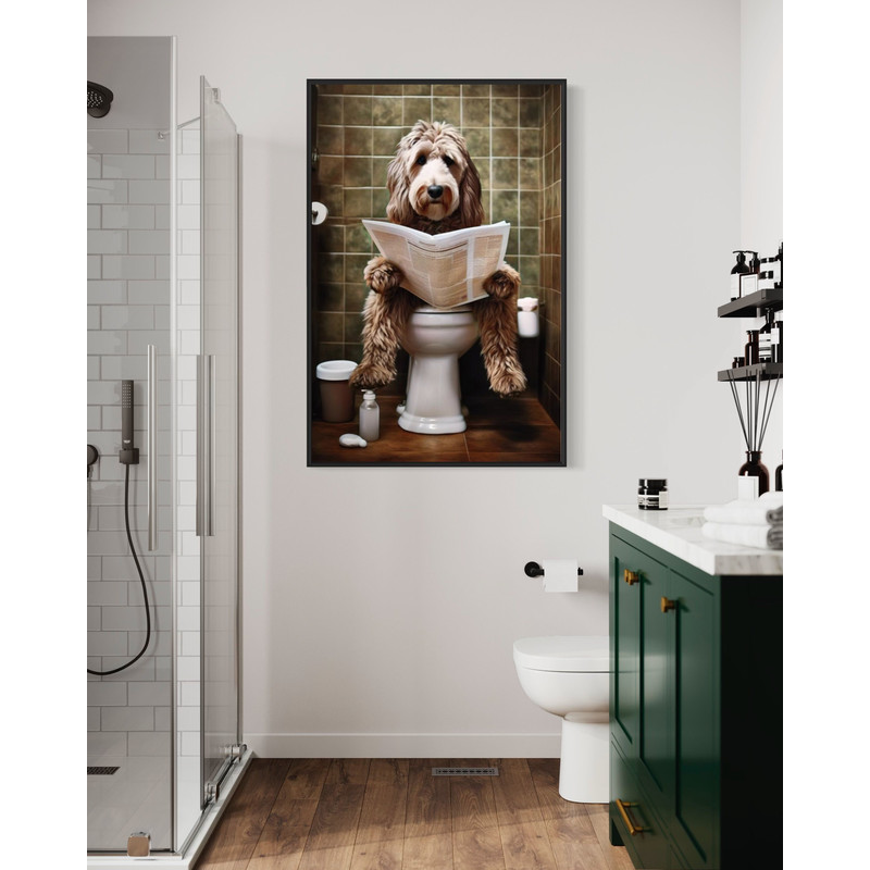 Labradoodle Dog On The Toilet Reading Newspaper, Funny Bathroom Art, Toilet Humor Animal Print or Canvas Framed Unframed Ready To Hang.jpg