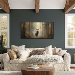 elk in foggy forest extra large wall art - farmhouse, living room art - deer painting printed on canvas framed, unframed