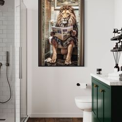 funny bathroom wall art print - lion in robe sitting on toilet reading newspaper poster or cavas painting framed unframe