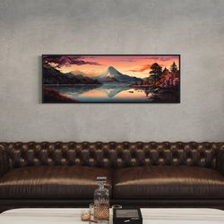 japanese landscape wall art, mt fuji panoramic long horizontal painting canvas print, ukiyo-e japanese wall decor frame