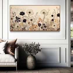 farmhouse vintage botanical wall art, black beige neutral wildflowers painting canvas print, rustic decor, boho floral a