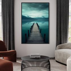 lakehouse wall art, lake with dockpier painting canvas print, peaceful foggy teal lake landscape vertical wall art fram