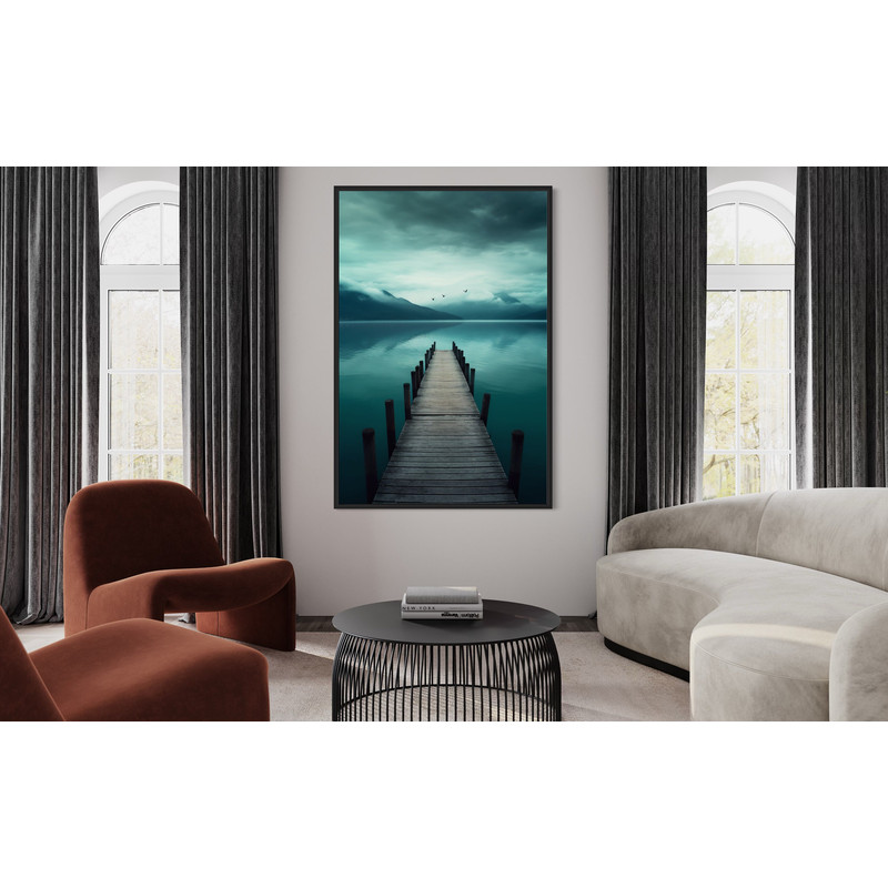 Lakehouse Wall Art, Lake With DockPier Painting Canvas Print, Peaceful Foggy Teal Lake Landscape Vertical Wall Art Framed Ready To Hang.jpg