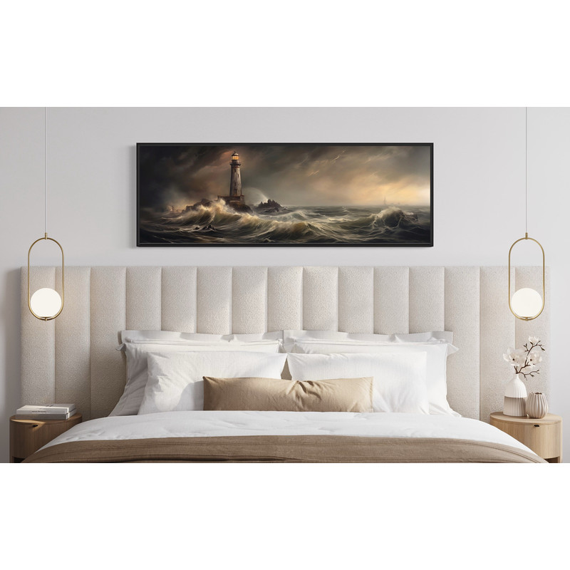 Lighthouse in Storm Large Panoramic Wall Art - Painting Print On Long Horizontal Canvas, Nautical Wall Art Framed Unframed Ready To Hang.jpg