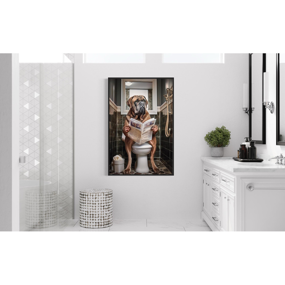 French Mastiff Dog On The Toilet Reading Newspaper, Funny Bathroom Art, Toilet Humor Animal Print or Canvas Framed Unframed Ready To Hang.jpg