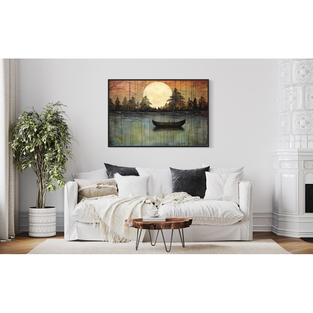 Great Outdoors Nature Lake Moon Boat Painting Canvas Print - Unique Rustic Wall Art - Lakehouse Decor - Framed Or Unframed Ready To Hang.jpg