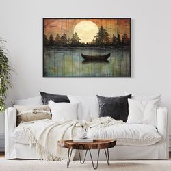 great outdoors nature lake moon boat painting canvas print - unique rustic wall art - lakehouse decor - framed or unfra