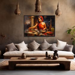 indian woman at market painting canvas print, indian wall art, south asian desi art, indian wall decor, framed or unfra