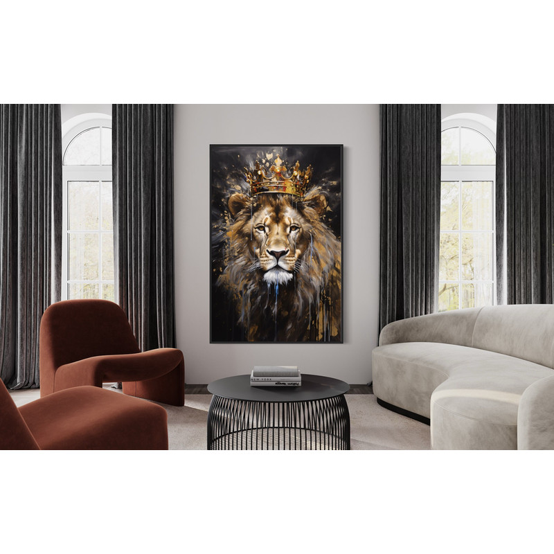 Lion King With Crown Wall Art, Lion Black Gold Abstract Painting Extra Large Canvas Print, Game Room, Man Cave Wall Decor Ready To Hang-1.jpg