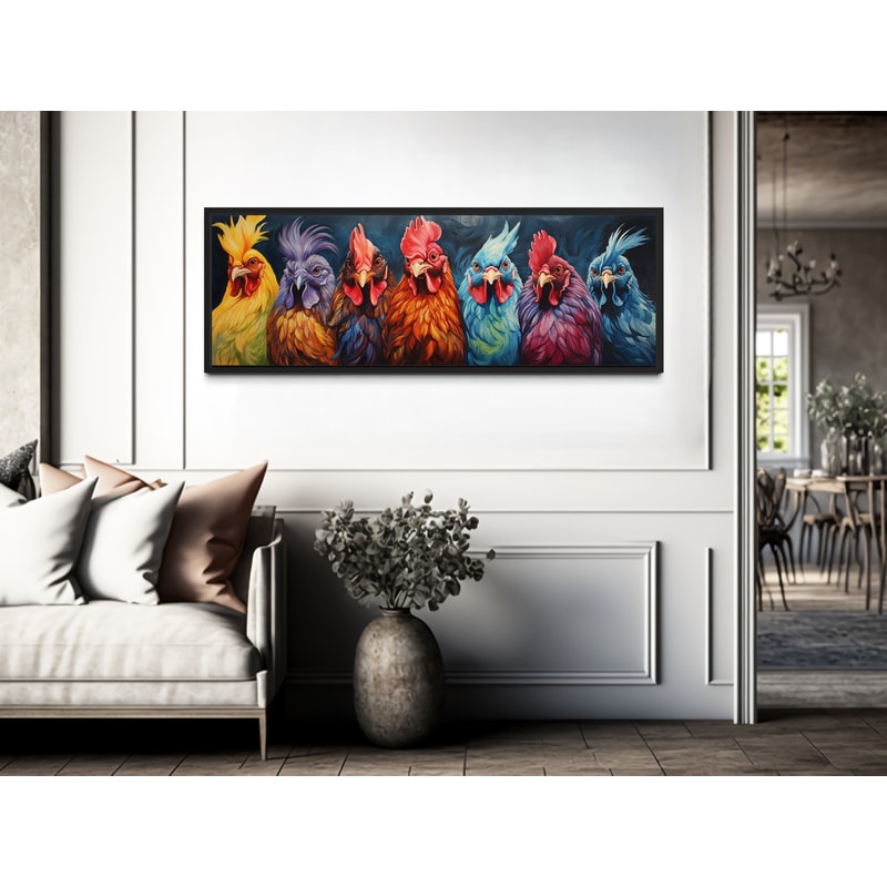 Farmhouse Wall Art - Colorful Roosters Chickens Panoramic Painting Canvas Print - Long Horizontal Narrow Rustic Farm Artwork Ready to Hang.jpg