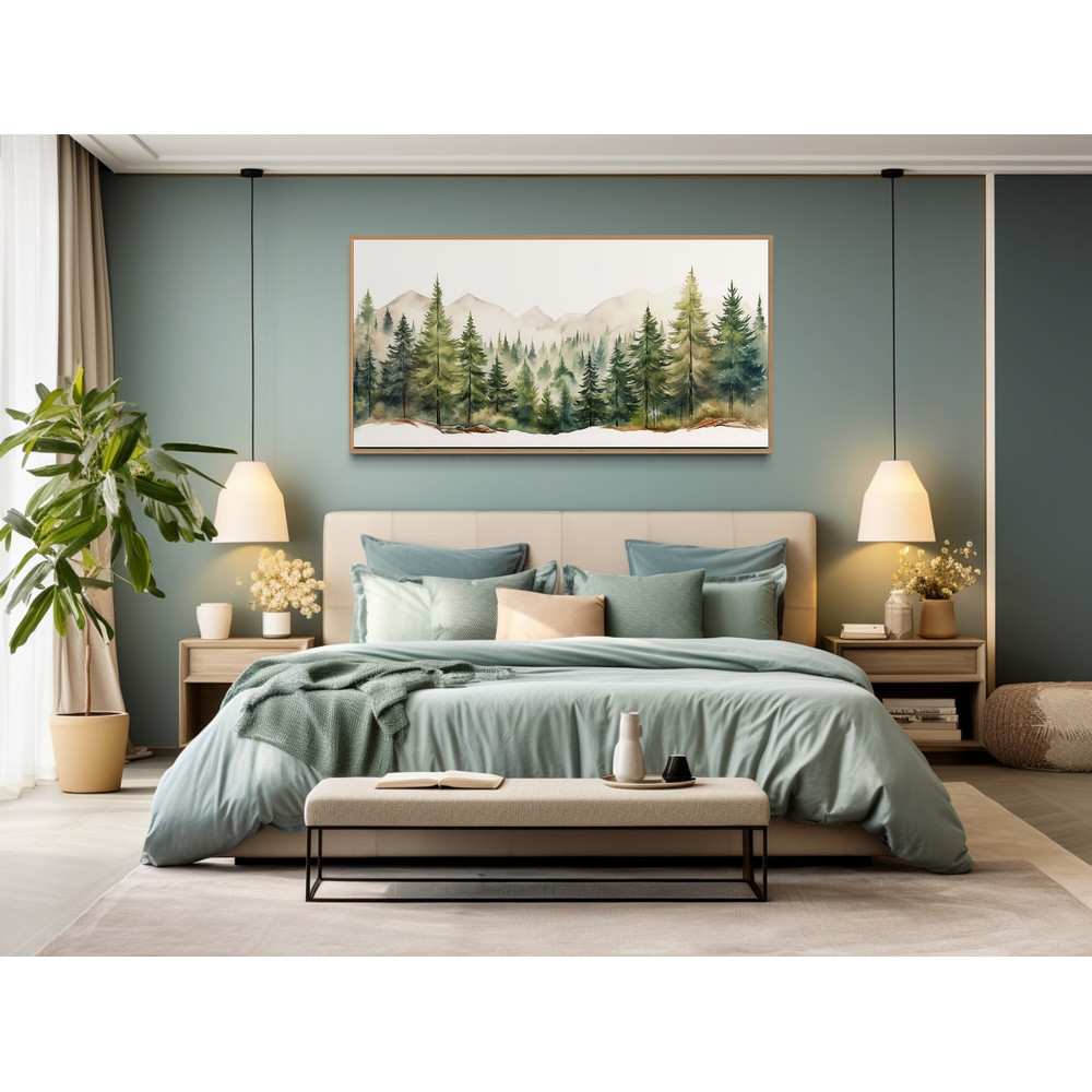 Framed Canvas Wall Art Sage Green Forest Mountain Landscape Canvas Print Minimalist Watercolor Nature Woodland Modern Art, Farmhouse Decor.jpg