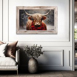 Highland Cow In Red Scarf Photography Wall Art - Winter Wall Decor, Rustic Farmhouse Over Mantel Decor -  Framed Or Unfr