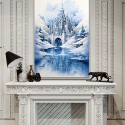 fairy tale snow castle and forest landscape painting canvas print, winter wall art, blue christmas artwork, girls room