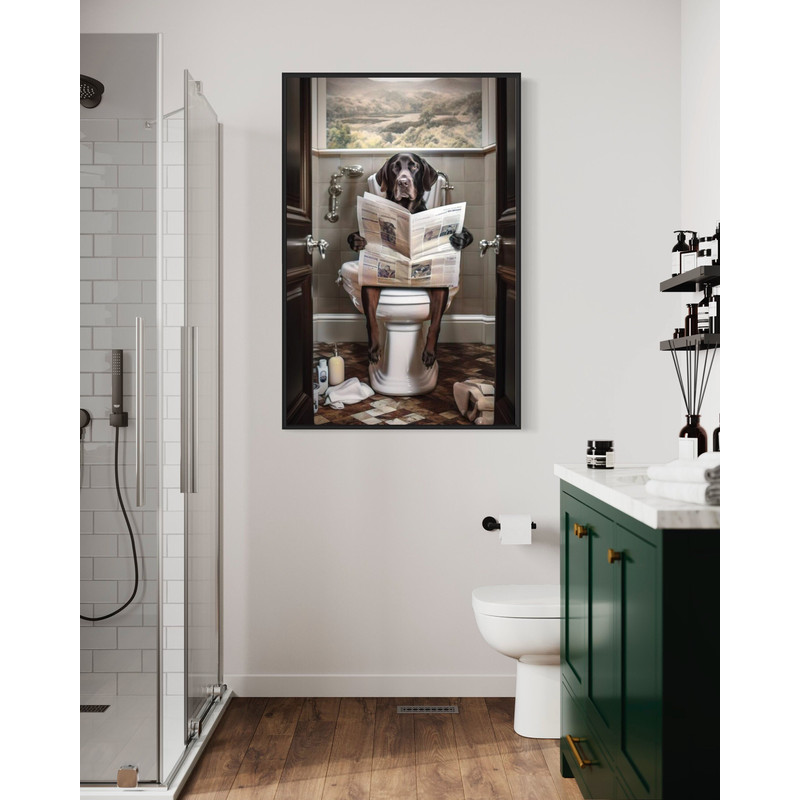 Labrador Retriever Dog On The Toilet Reading Newspaper, Funny Bathroom Art, Toilet Humor Animal Print Canvas Framed Unframed Ready To Hang.jpg