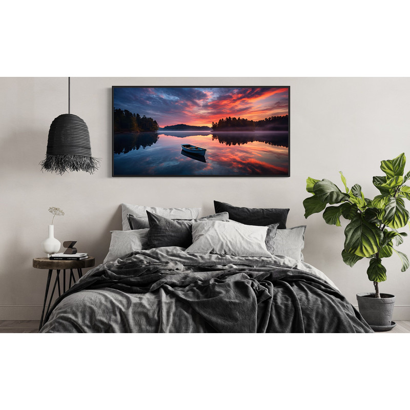 Lake With Boat at Sunset Wall Art, Lakehouse Decor, Photography Style Lake Landscape Painting Canvas Print Framed Unframed Ready To Hang.jpg