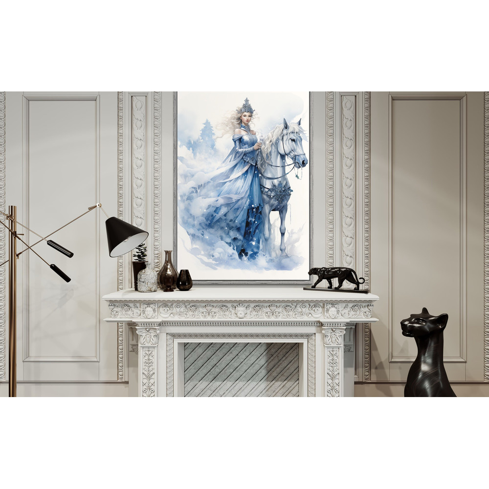 Fairy Tale Snow Queen With White Horse Painting Canvas Print, Fairy Winter Wall Art, Blue Christmas Artwork, Girls Room Decor Ready To Hang.jpg