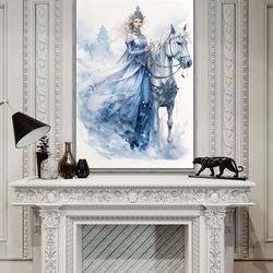 fairy tale snow queen with white horse painting canvas print, fairy winter wall art, blue christmas artwork, girls room