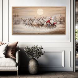 farmhouse christmas eve wall art, santa claus in sleigh with reindeer painting on wood canvas print, over mantel decor f
