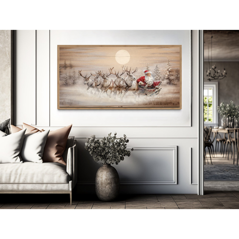 Farmhouse Christmas Eve Wall Art, Santa Claus in Sleigh With Reindeer Painting On Wood Canvas Print, Over Mantel Decor Framed Ready To Hang.jpg
