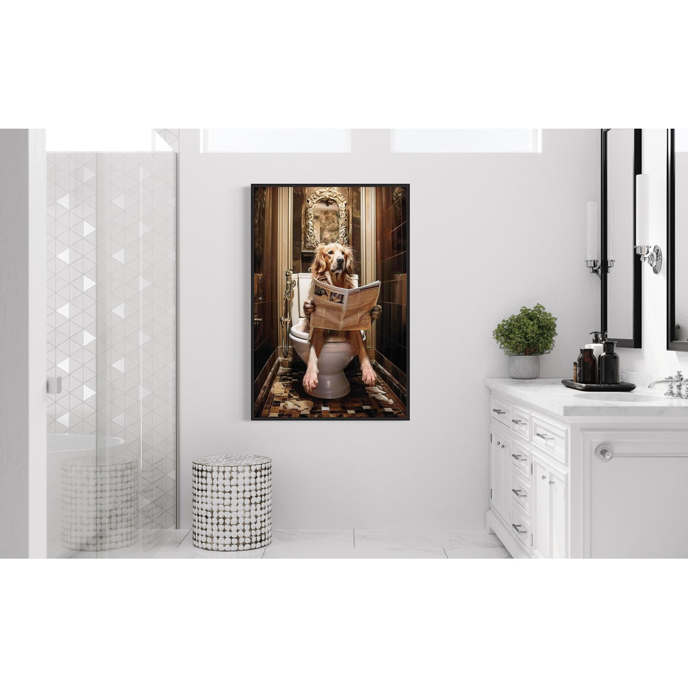 Golden Retriever Dog On The Toilet Reading Newspaper, Funny Bathroom Art, Toilet Humor Animal Print or Canvas Framed Unframed Ready To Hang.jpg
