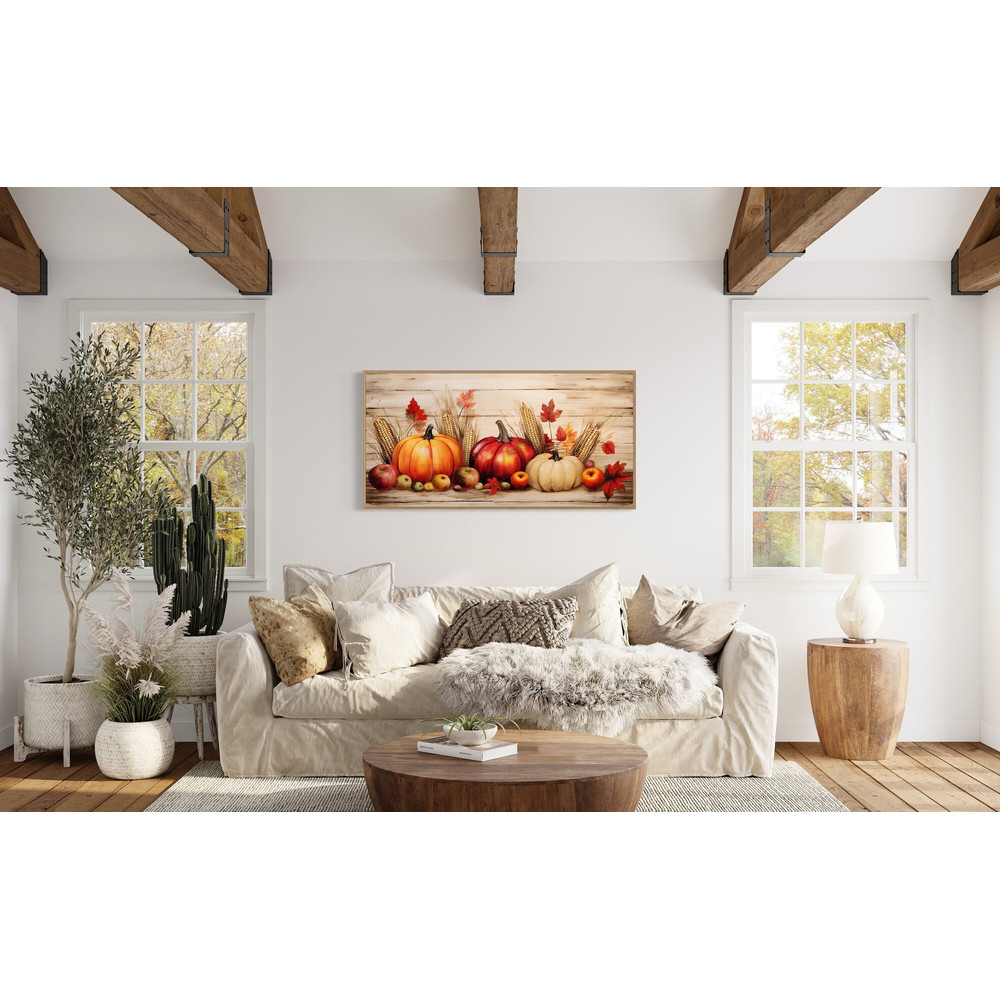 Farmhouse Kitchen Wall Art Autumn Pumpkins Apples Corn Harvest Painting on Wood Effect Canvas Print, Rustic Wall Decor Framed Ready To Hang.jpg